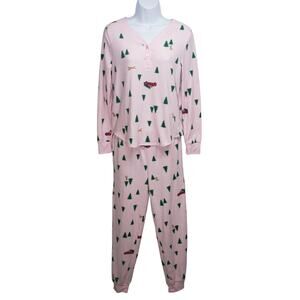 Joy Spun Holiday Pajama Set XS Pink Christmas Cars Trees Dogs Thermal